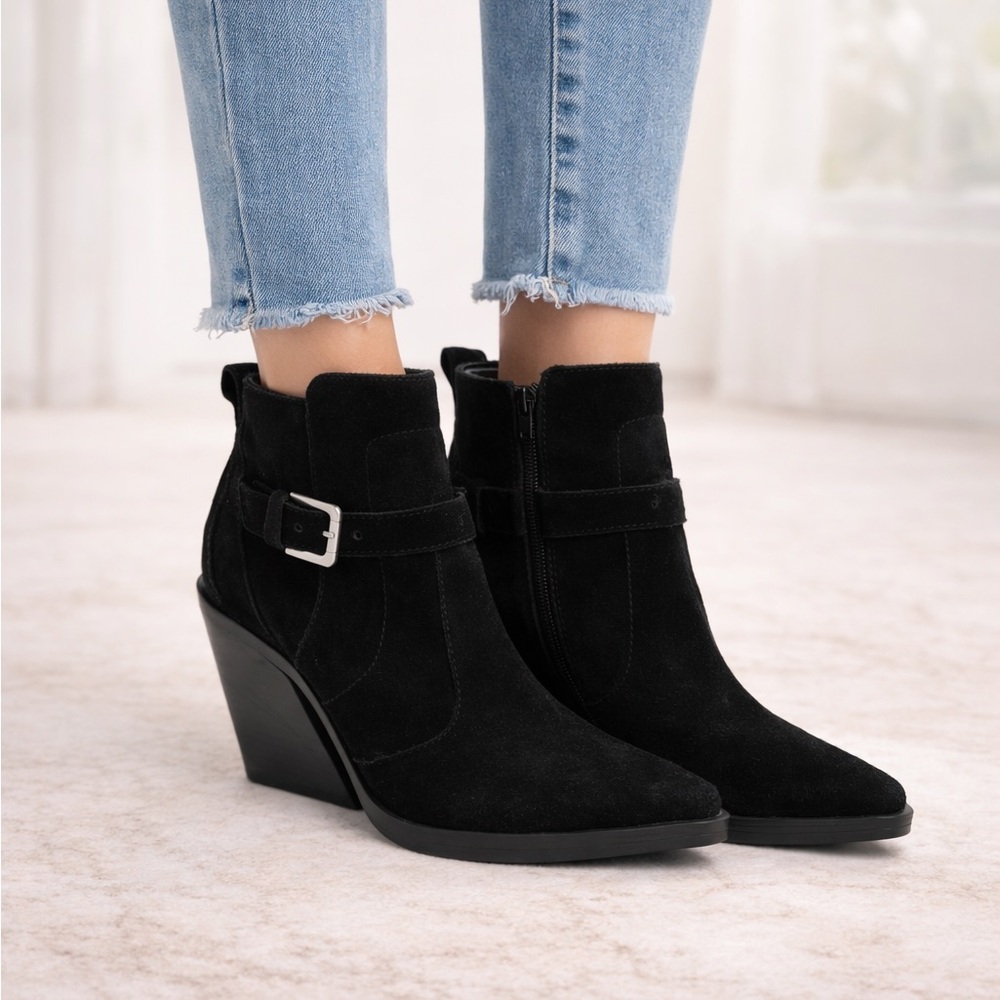 Antonio Melani Peatrie Black Suede Wedge Ankle Booties Buckle Womens 9 US